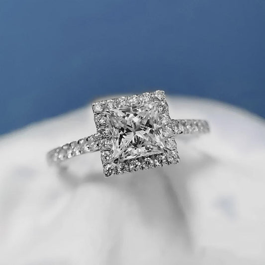 Princess Cut Halo Engagement Ring, Pave Band, Moissanite Ring, Wedding Ring, Anniversary Gift, Promise Ring, Bridal Jewelry, Gift for Her