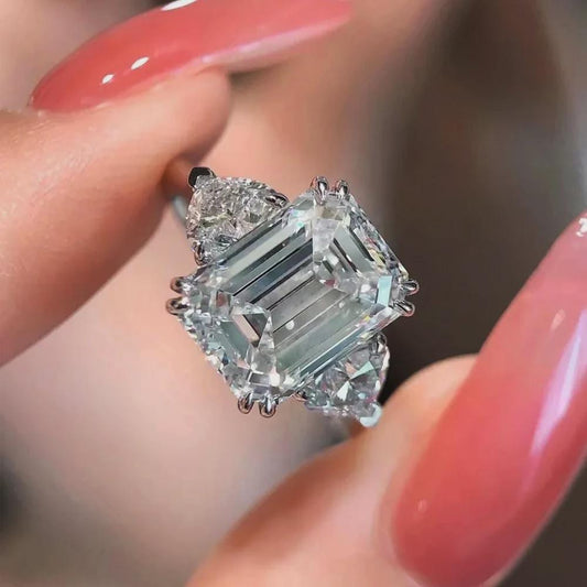 Emerald Cut Moissanite Ring with Pear Side Stone Accents Three Stone Engagement Ring Wedding Rings Promise Ring Anniversary Gift for Her