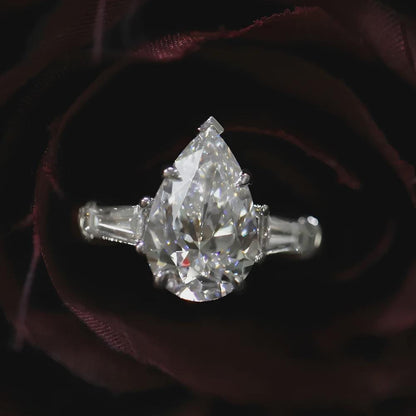 Pear Moissanite Three Stone Ring, Baguette Side Stones, Engagement Ring, Wedding Ring, Bridal Ring, Anniversary Gift, White Gold