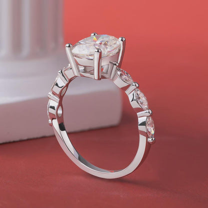 Oval Cut Moissanite Ring, Side Stone Accents Pave Engagement Ring, Sterling Silver Wedding Ring, Anniversary Gift, Promise Ring Gift for Her