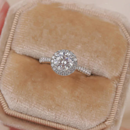 Round Cut Moissanite Halo Ring, Pave Engagement Ring, Sterling Silver Wedding Ring, Anniversary Gift, Unique Promise Ring, Gift for Her
