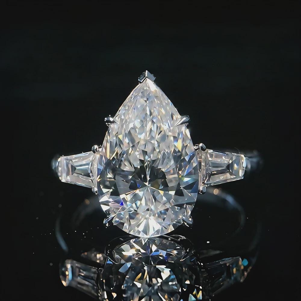 Pear Moissanite Three Stone Ring, Baguette Side Stones, Engagement Ring, Wedding Ring, Bridal Ring, Anniversary Gift, White Gold