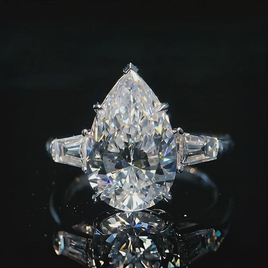 Pear Moissanite Three Stone Ring, Baguette Side Stones, Engagement Ring, Wedding Ring, Bridal Ring, Anniversary Gift, White Gold
