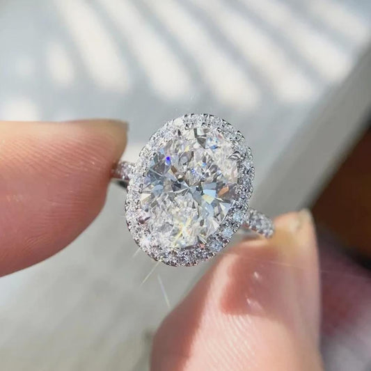 Oval Moissanite Halo Ring, Sterling Silver Engagement Ring, Anniversary Ring, Bridal Wedding Ring, Statement Ring, Promise Ring Gift For Her