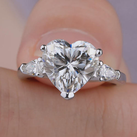 Heart Cut Three Stone Engagement Ring Pear Cut Side Stones Accents Ring Promise Ring, Wedding Ring Gift for Her Anniversary Ring Love Ring