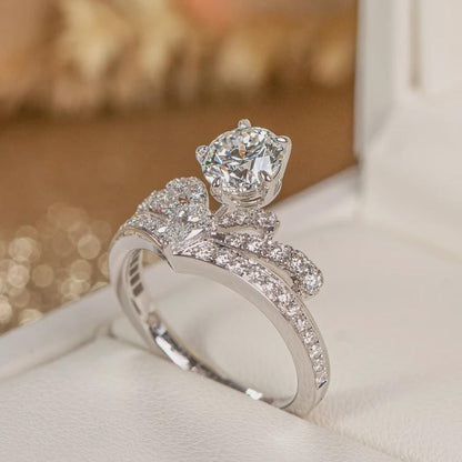 Regal Crown Moissanite Engagement Ring Set, Sterling Silver V-Shaped Wedding Band, Round Cut Bridal Ring, Anniversary Gift for Her