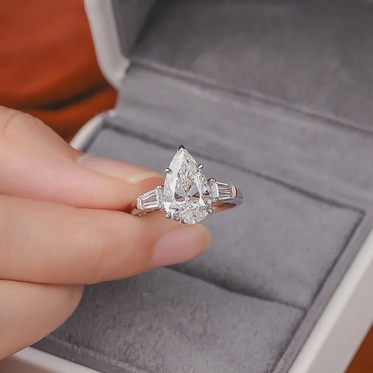 Pear Moissanite Three Stone Ring, Baguette Side Stones, Engagement Ring, Wedding Ring, Bridal Ring, Anniversary Gift, White Gold