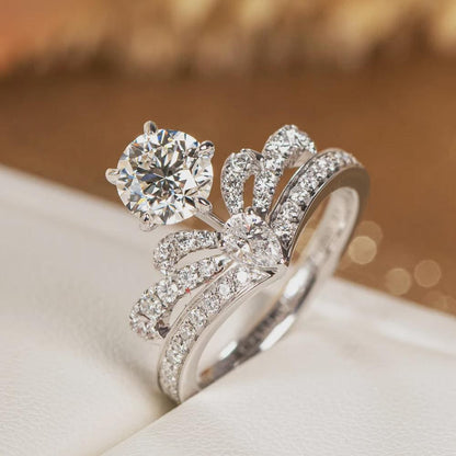 Regal Crown Moissanite Engagement Ring Set, Sterling Silver V-Shaped Wedding Band, Round Cut Bridal Ring, Anniversary Gift for Her