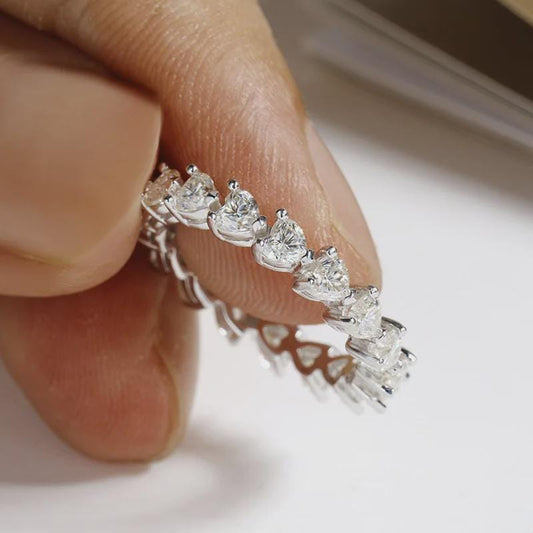 Heart Moissanite Eternity Band, Wedding Ring, Anniversary Gift, Diamond Simulant Stackable Band, Heart Cut Ring, 14K Gold Band