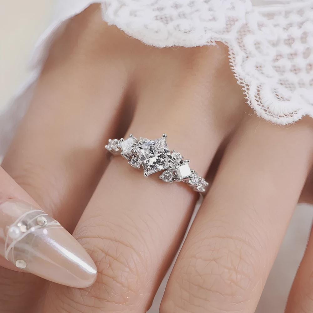 Princess Cut Wedding Ring, Side Stone Accents Ring, Moissanite Wedding Ring, Promise Ring, Anniversary Gift, Bridal Jewelry, Gift for Her
