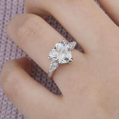 Heart Cut Three Stone Engagement Ring Pear Cut Side Stones Accents Ring Promise Ring, Wedding Ring Gift for Her Anniversary Ring Love Ring