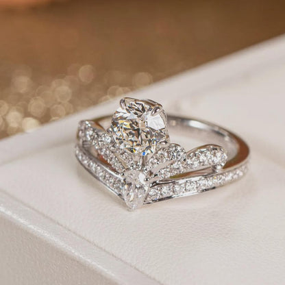 Regal Crown Moissanite Engagement Ring Set, Sterling Silver V-Shaped Wedding Band, Round Cut Bridal Ring, Anniversary Gift for Her