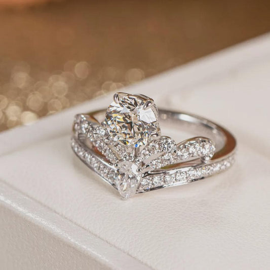 Regal Crown Moissanite Engagement Ring Set, Sterling Silver V-Shaped Wedding Band, Round Cut Bridal Ring, Anniversary Gift for Her