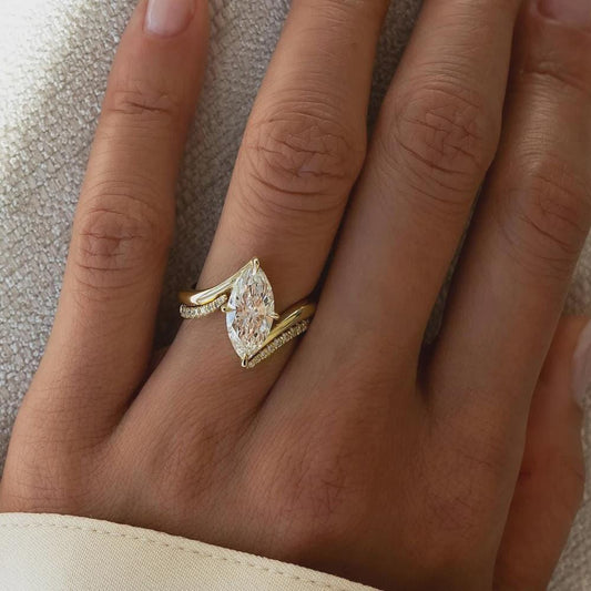 Marquise Cut Moissanite Ring Set, Marquise Wedding Ring, Gold Twisted Pave Bridal Set, Unique Engagement Ring, Anniversary Gift for Her