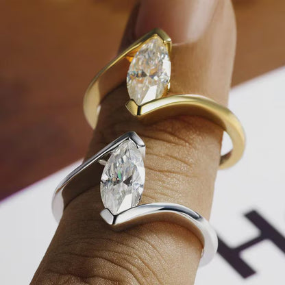 Marquise Moissanite Toi et Moi Ring, Two Stone Engagement Ring, Crossover Ring, Yellow Gold, Bridal Ring, Anniversary Gift for Her