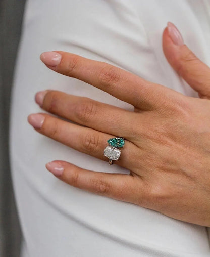 Two Stone Toi et Moi Engagement Ring, Cushion and Pear Moissanite Ring, Paraiba Tourmaline Bridal Jewelry, Anniversary Gift for Her.
