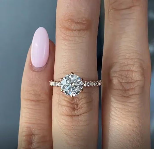 Round Cut Pave Solitaire Engagement Ring In Rose Gold. Choose Moissanite Or Diamond. Perfect Wedding, Promise, Or Anniversary Gift For Her.