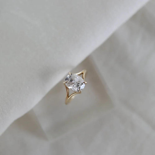Cushion Cut Moissanite Engagement Ring In Yellow Gold With Split Shank Solitaire Design. Perfect Wedding Or Promise Ring For Her.