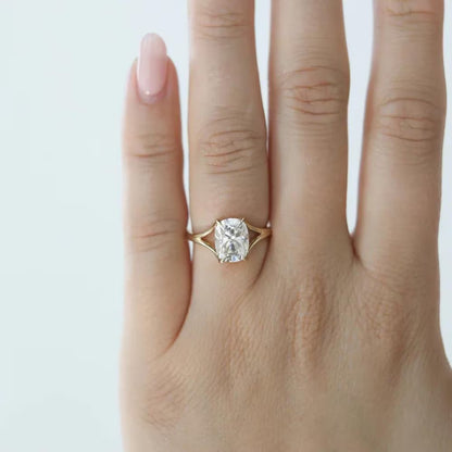 Cushion Cut Moissanite Engagement Ring In Yellow Gold With Split Shank Solitaire Design. Perfect Wedding Or Promise Ring For Her.
