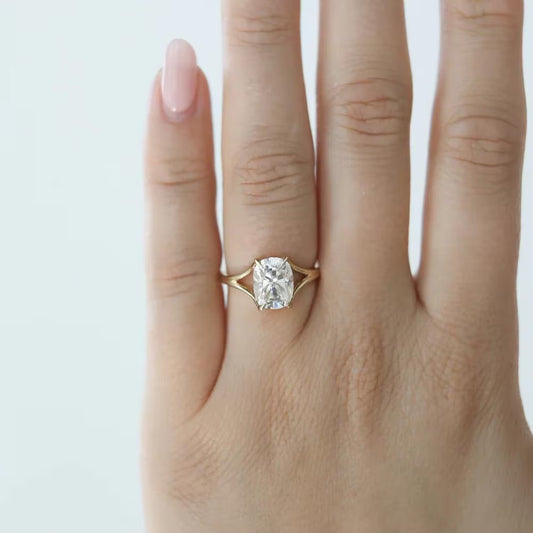 Cushion Cut Moissanite Engagement Ring In Yellow Gold With Split Shank Solitaire Design. Perfect Wedding Or Promise Ring For Her.