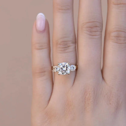 Cushion Cut Three Stone Moissanite Ring, Gold Engagement Ring, Bridal Ring, Anniversary Gift, Unique Wedding Ring.