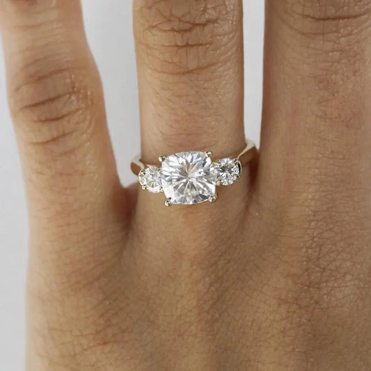 Cushion Cut Three Stone Moissanite Ring, Gold Engagement Ring, Bridal Ring, Anniversary Gift, Unique Wedding Ring.