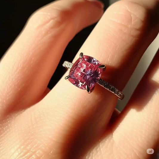Cushion Cut Alexandrite Engagement Ring, Unique Color Change Gemstone, Solitaire Ring With Pave Band, Wedding, Anniversary, Proposal Ring.