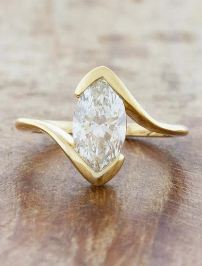 Marquise Diamond Bypass Engagement Ring, Yellow Gold Solitaire Ring, Modern Twist Band, Anniversary Gift, Wedding Ring, Promise Ring