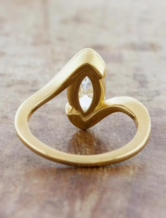 Marquise Diamond Bypass Engagement Ring, Yellow Gold Solitaire Ring, Modern Twist Band, Anniversary Gift, Wedding Ring, Promise Ring