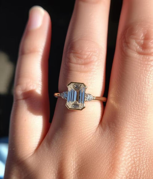 3 CT Emerald Cut Moissanite Engagement Ring, Three Stone Emerald Cut Ring, Solid Gold Wedding Ring, Anniversary Gift, Art Deco Ring.
