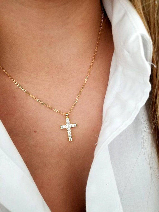 Tiny Pave Cross Necklace, Gold Plated Cross Pendant, Dainty Necklace, Christian Jewelry, Religious Gift For Her, Minimalist Necklace.