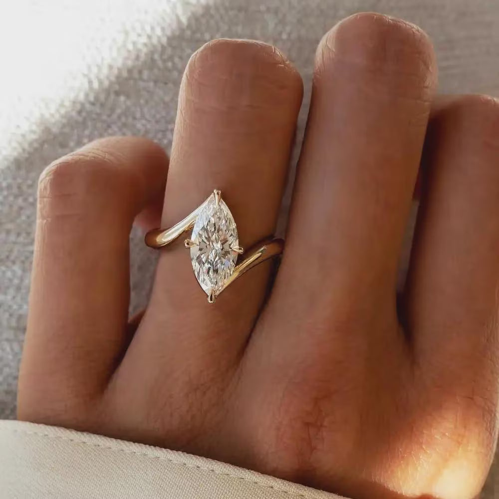 Marquise Moissanite Toi et Moi Ring, Two Stone Engagement Ring, Crossover Ring, Yellow Gold, Bridal Ring, Anniversary Gift for Her