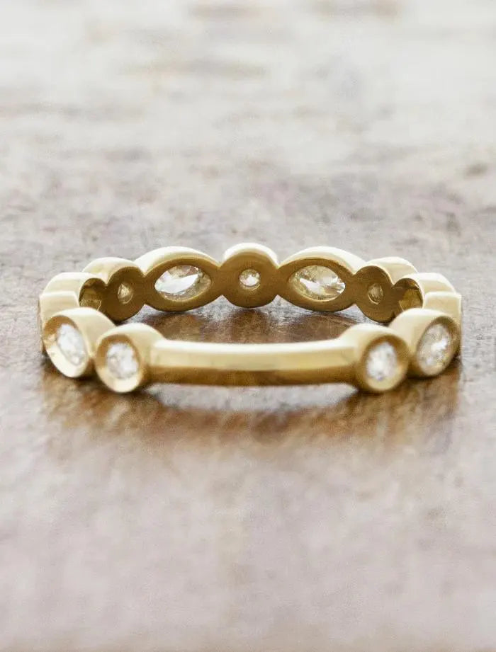 Gold Marquise and Round Diamond Band, Bezel Set Stacking Ring, Dainty Gold Wedding Band, Unique Diamond Eternity Ring for Women.