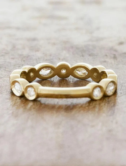 Gold Marquise and Round Diamond Band, Bezel Set Stacking Ring, Dainty Gold Wedding Band, Unique Diamond Eternity Ring for Women.