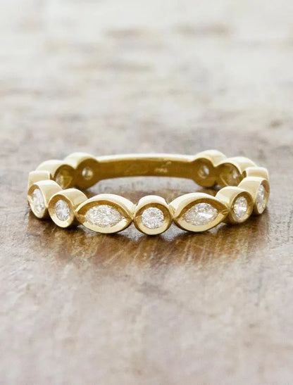 Gold Marquise and Round Diamond Band, Bezel Set Stacking Ring, Dainty Gold Wedding Band, Unique Diamond Eternity Ring for Women.