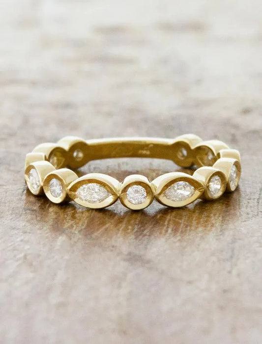 Gold Marquise and Round Diamond Band, Bezel Set Stacking Ring, Dainty Gold Wedding Band, Unique Diamond Eternity Ring for Women.