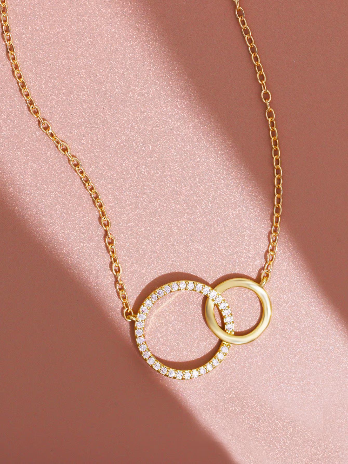 Two Rings Necklace Interlocking Circle Moissanite Necklace, 18K Gold Plated Jewelry, Minimalist Chain, Best Friend Birthday Gift for Her.