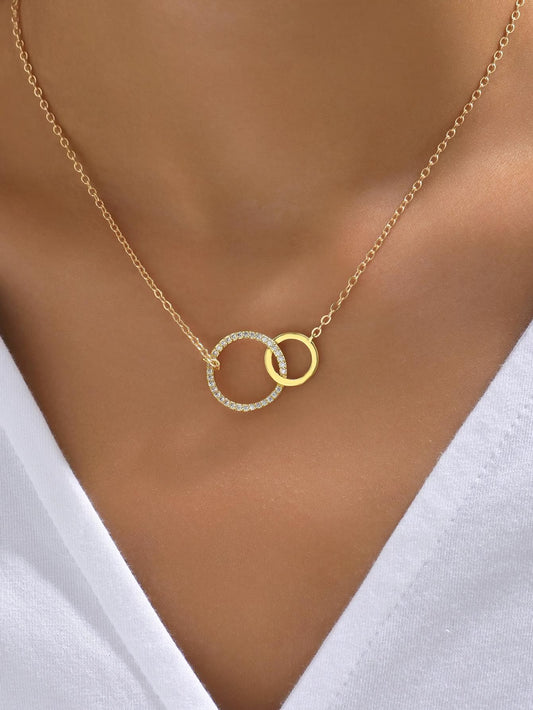 Two Rings Necklace Interlocking Circle Moissanite Necklace, 18K Gold Plated Jewelry, Minimalist Chain, Best Friend Birthday Gift for Her.