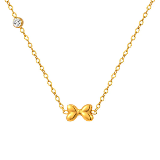 Bow Gold Plated Dainty Necklace, 18K Gold Plated Bow Pendant With Moissanite, Gift For Her, Cute Bow Jewelry, Minimalist Necklace For Her