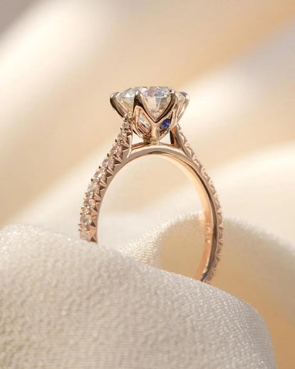 Round Cut Pave Solitaire Engagement Ring In Rose Gold. Choose Moissanite Or Diamond. Perfect Wedding, Promise, Or Anniversary Gift For Her.