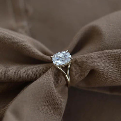 Cushion Cut Moissanite Engagement Ring In Yellow Gold With Split Shank Solitaire Design. Perfect Wedding Or Promise Ring For Her.