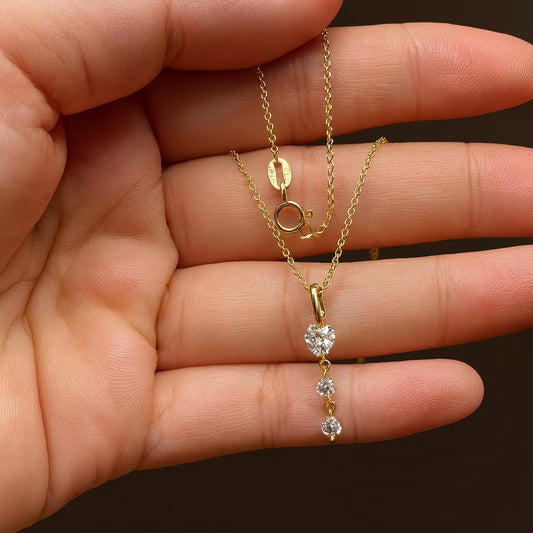 Gold Plated Necklace with 3 Stone Drop Pendant with Heart & Round Moissanite Diamonds Minimalist Jewelry Gift for Her, Anniversary, Birthday