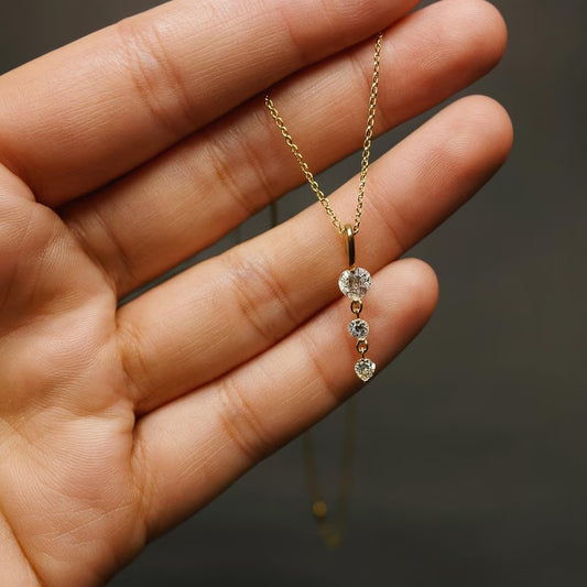Gold Plated Necklace with 3 Stone Drop Pendant with Heart & Round Moissanite Diamonds Minimalist Jewelry Gift for Her, Anniversary, Birthday