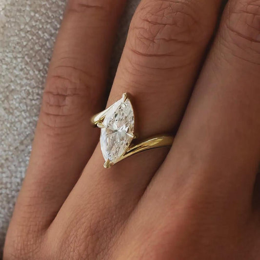 Marquise Moissanite Toi et Moi Ring, Two Stone Engagement Ring, Crossover Ring, Yellow Gold, Bridal Ring, Anniversary Gift for Her