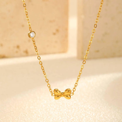 Bow Gold Plated Dainty Necklace, 18K Gold Plated Bow Pendant With Moissanite, Gift For Her, Cute Bow Jewelry, Minimalist Necklace For Her