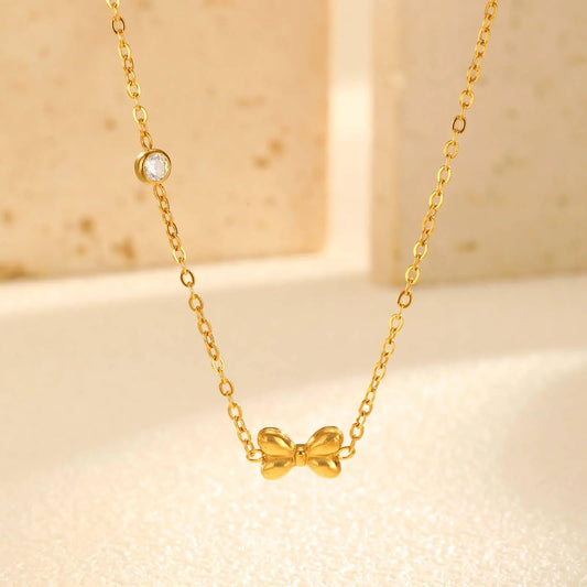 Bow Gold Plated Dainty Necklace, 18K Gold Plated Bow Pendant With Moissanite, Gift For Her, Cute Bow Jewelry, Minimalist Necklace For Her