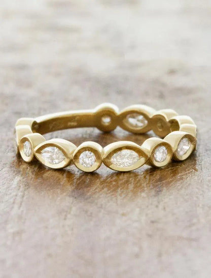 Gold Marquise and Round Diamond Band, Bezel Set Stacking Ring, Dainty Gold Wedding Band, Unique Diamond Eternity Ring for Women.
