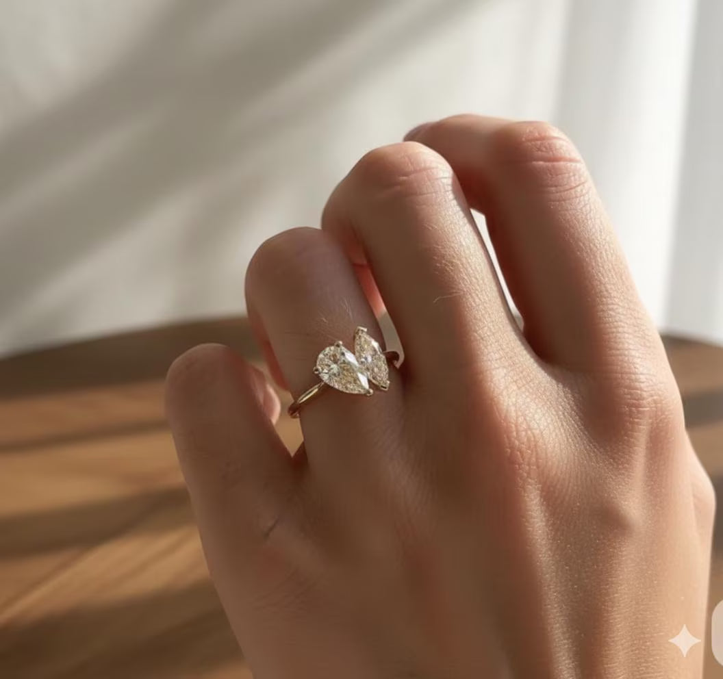 Unique Two-Stone Pear and Marquise Moissanite Engagement Ring, Gold Toi et Moi Proposal Ring, Modern Bridal Jewelry Anniversary Gift for Her