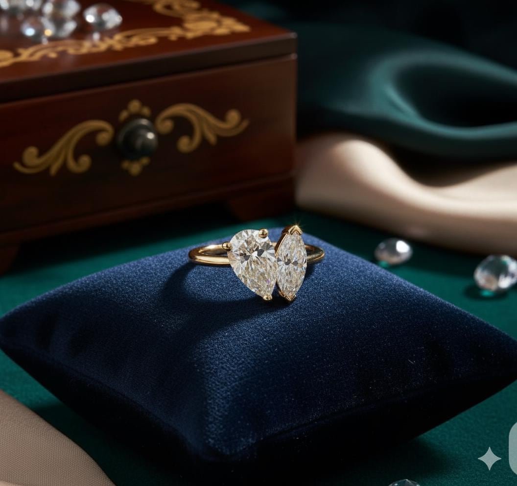 Unique Two-Stone Pear and Marquise Moissanite Engagement Ring, Gold Toi et Moi Proposal Ring, Modern Bridal Jewelry Anniversary Gift for Her