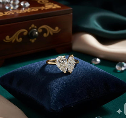 Unique Two-Stone Pear and Marquise Moissanite Engagement Ring, Gold Toi et Moi Proposal Ring, Modern Bridal Jewelry Anniversary Gift for Her